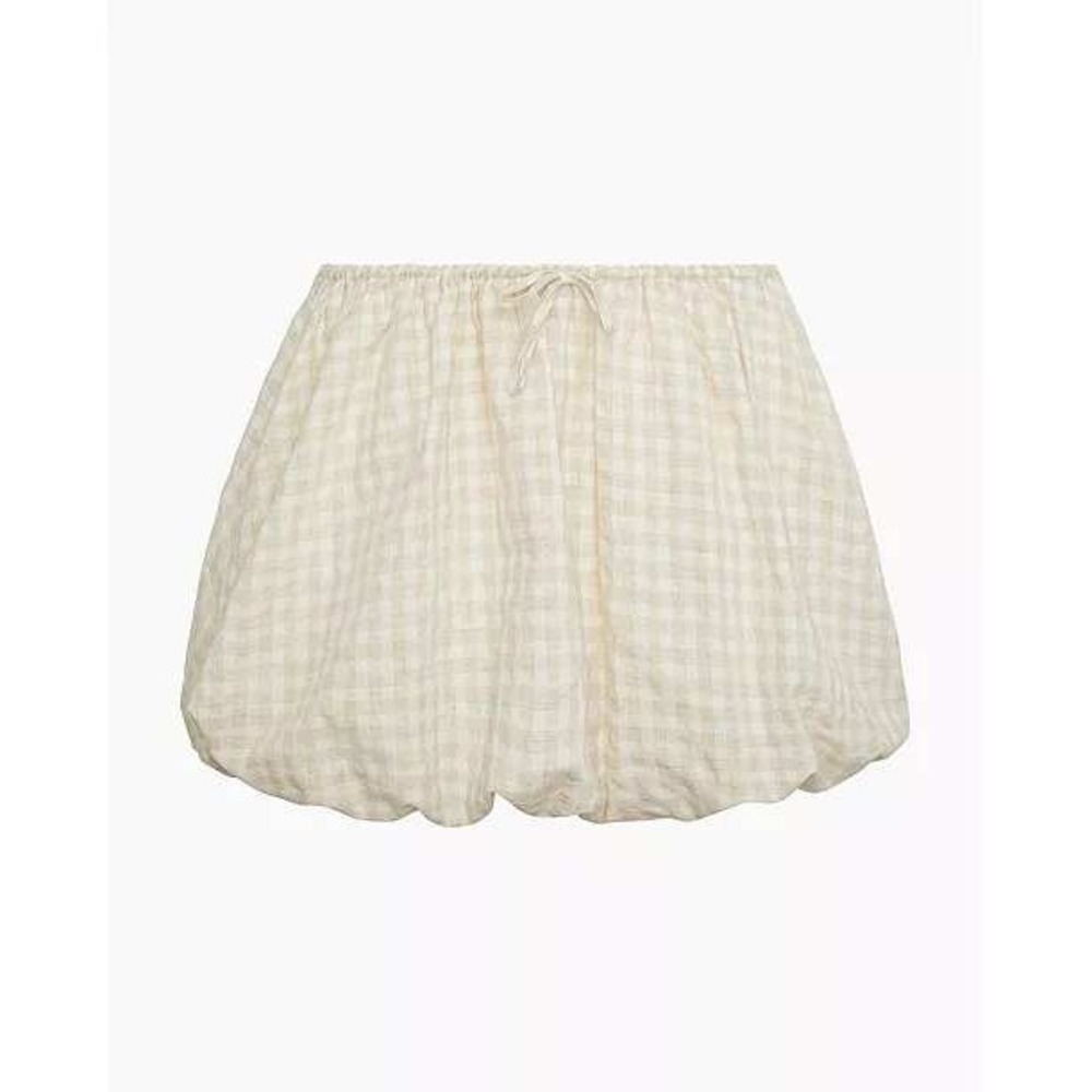 Onia Beige Gingham Linen Blend Mini Bubble Skirt Elastic Drawstring Waist Puff M